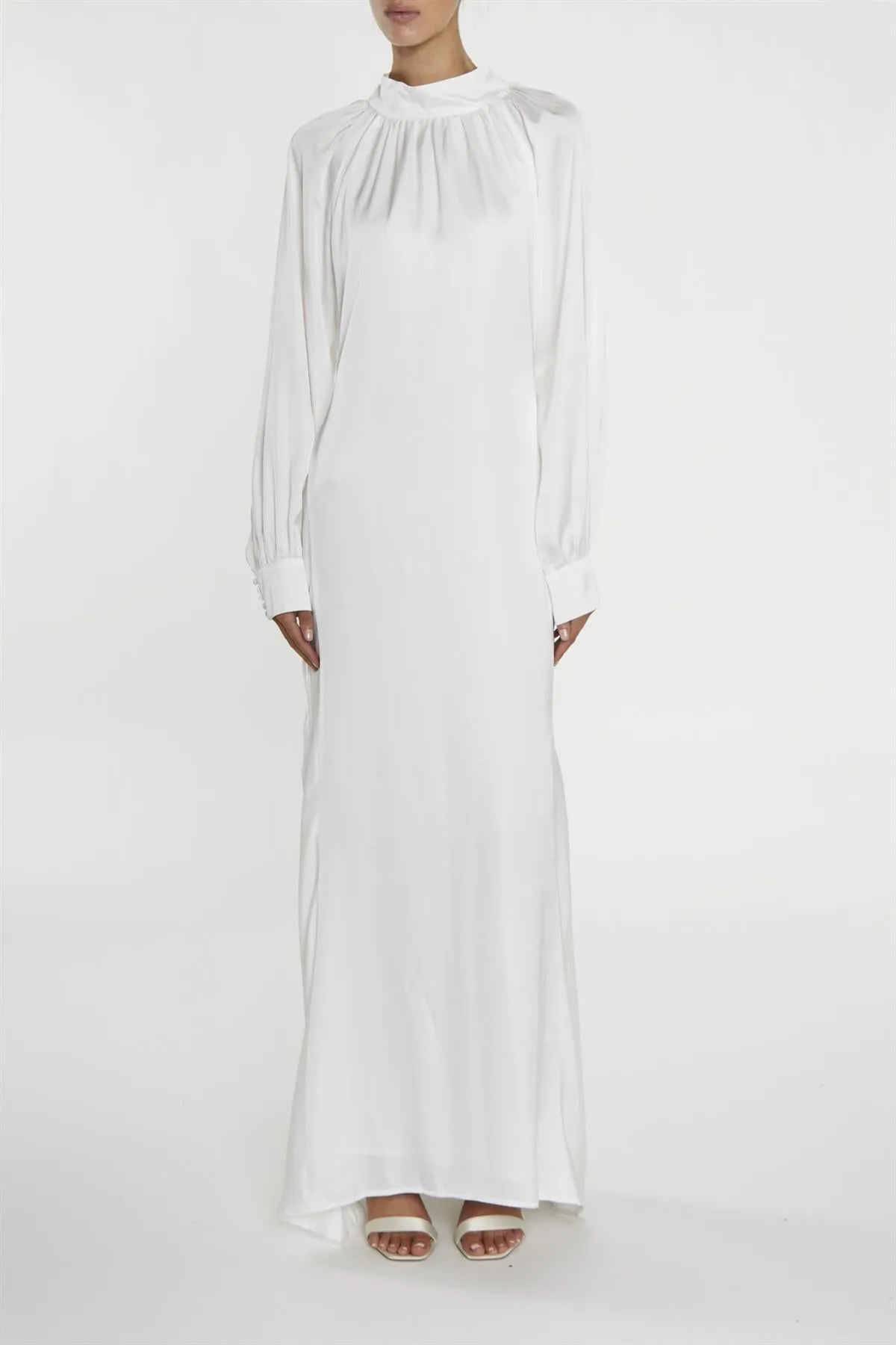 Reyna White High-Neck Fishtail Maxi-Dress